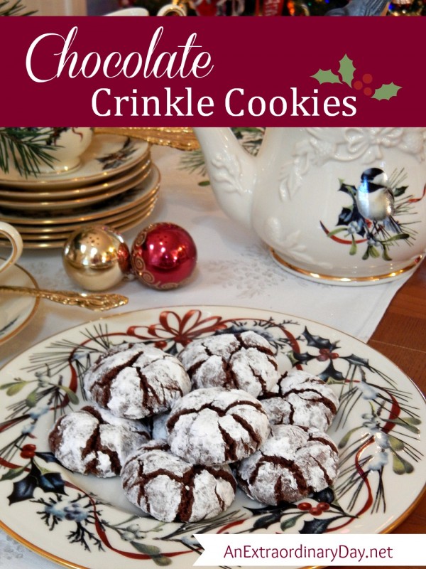 Recipe for Amazingly Delicious Chocolate Christmas Cookies a.k.a. Chocolate Crinkle Cookies and a Virtual Cookie Exchange with Dozens of Recipes at AnExtraordinaryDay.net