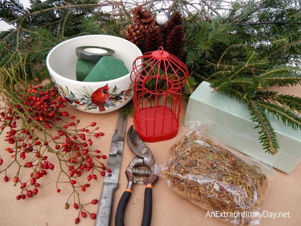 Supplies for creating a simple evergreen table arrangement at AnExtraordinaryDay.net