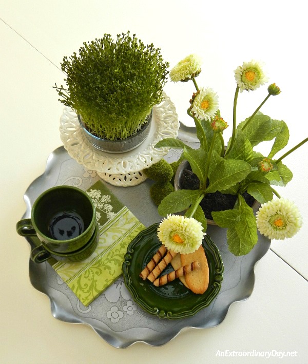 Quick and Easy Tray of Green Spring Vignette - AnExtraordinaryDay.net