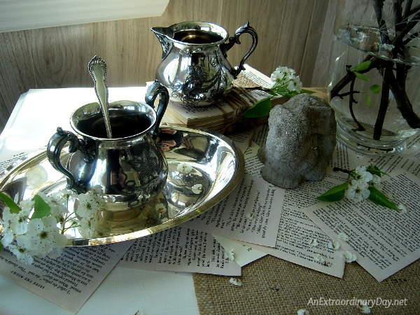 Tips to create your own simple flowering branch vignette for your new tea or luncheon.