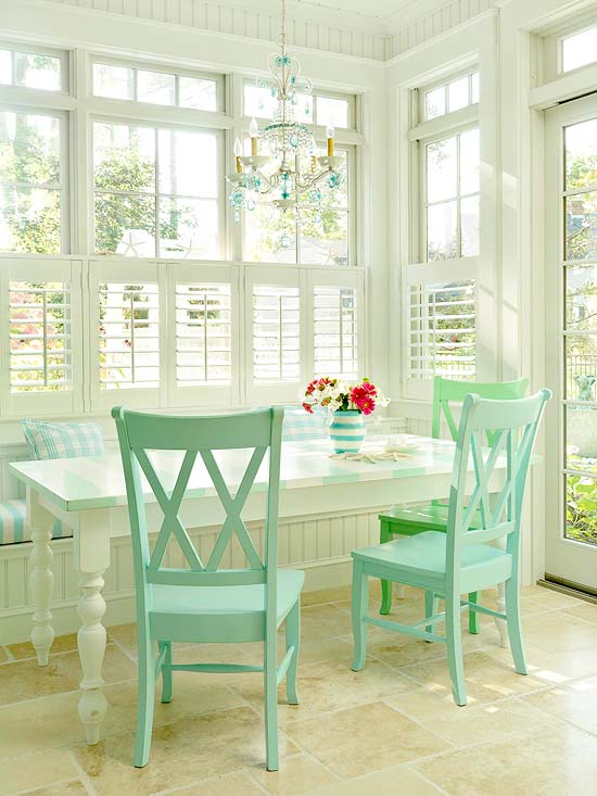 Breakfast room with pale turquoise chairs and accents and the answer to... Why does my favorite color stress me out?