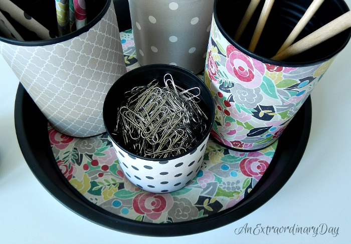 Crafty Desk Organizer Made with Tin Cans and a Cake Pan 