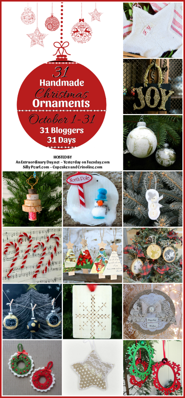 Christmas is my favorite holiday. I love everything about it. The true story, the scents, the music, and Christmas decor. Make it a handmade Christmas this year. All month we will be visiting a different blog each day where you'll be able to pin a handmade Christmas ornament tutorial, so you too, can have a handmade Christmas. Here is a glimpse of our first 15 Days of this extraordinary blog hop. Please come on along and be inspired! And let us know your favorites.