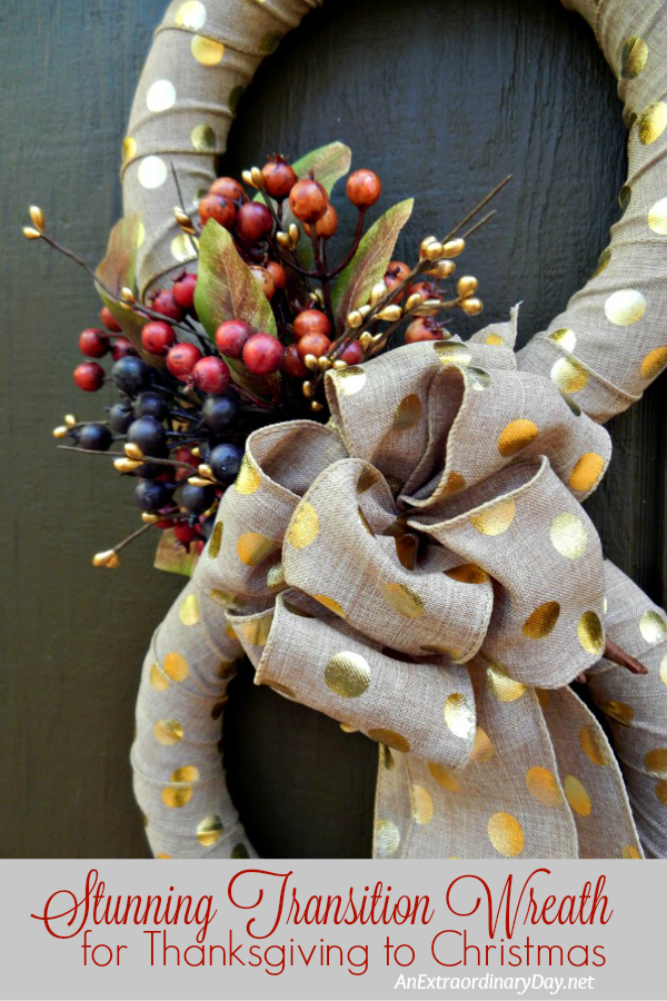 I love having a pretty wreath on my front door, but it takes time and expense to switch it up for every holiday. This stunning transitional wreath reduces both your expense and time. It's a fun DIY project with a full tutorial that will have you greeting your Thanksgiving guests in style and with just a little switcheroo, your Christmas guests as well. 