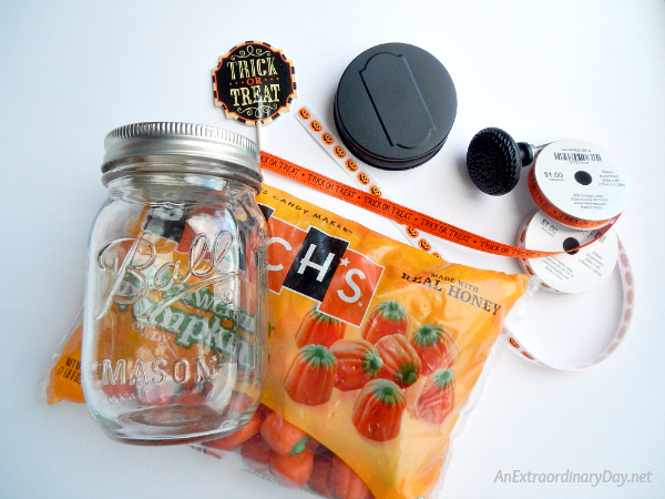 Supplies to Create an Easy Trick or Treat Mason Jar Candy Holder