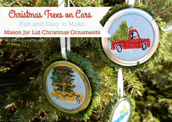 I love homemade Christmas ornaments AND Christmas trees on cars so I paired the two together in these easy to make mason jar lid Christmas ornaments. They would be perfect for a young boy's tree or a car-lover's tree and they'd make great gifts, too.