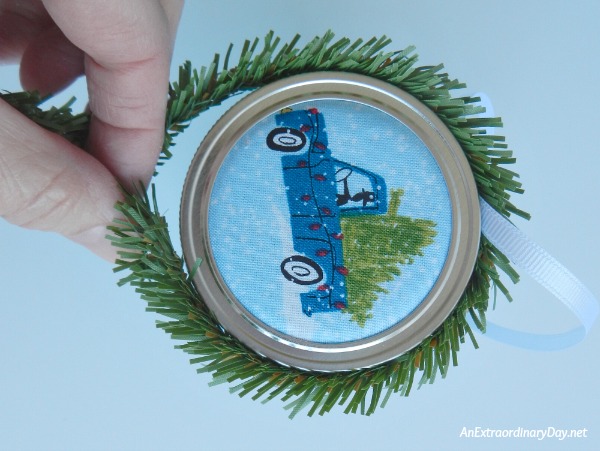 Easy to Make Mason Jar Lid Christmas Ornaments - using evergreen twist ties - AnExtraordinaryDay.net