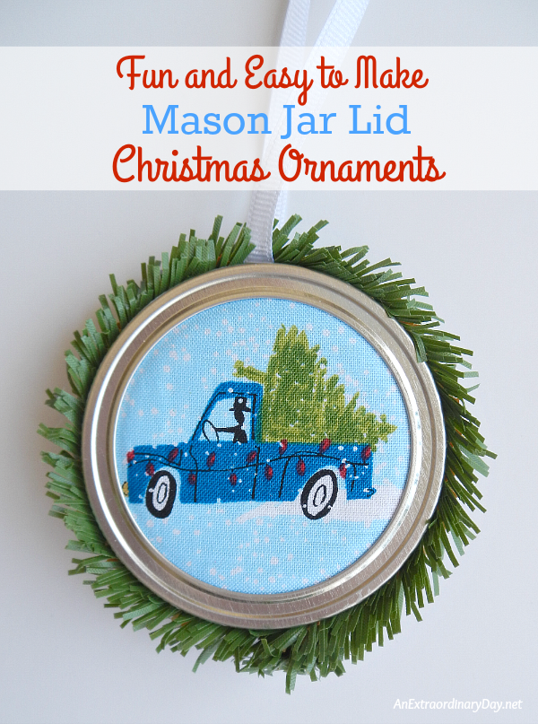 I love homemade Christmas ornaments AND Christmas trees on cars so I paired the two together in these easy to make mason jar lid Christmas ornaments. They would be perfect for a young boy's tree or a car-lover's tree and they'd make great gifts, too.