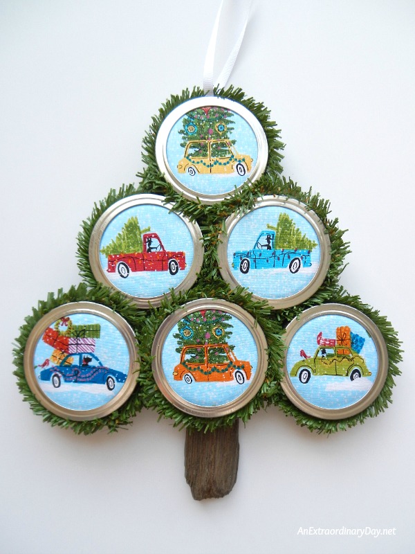 Fun and Easy to Make Mason Jar Lid Christmas Ornaments made into a Christmas Tree Hanger - AnExtraordinaryDay.net