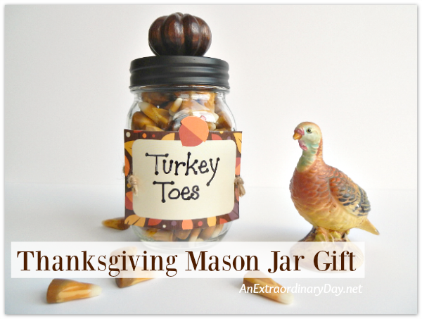 Surprise your family and friends with a super cute quick and fun mason jar gift of Turkey Toes this Thanksgiving. This jar of sweet treats is sure to be a great conversation starter and a terrific way to let those you appreciate know you are grateful for their presence in your life.