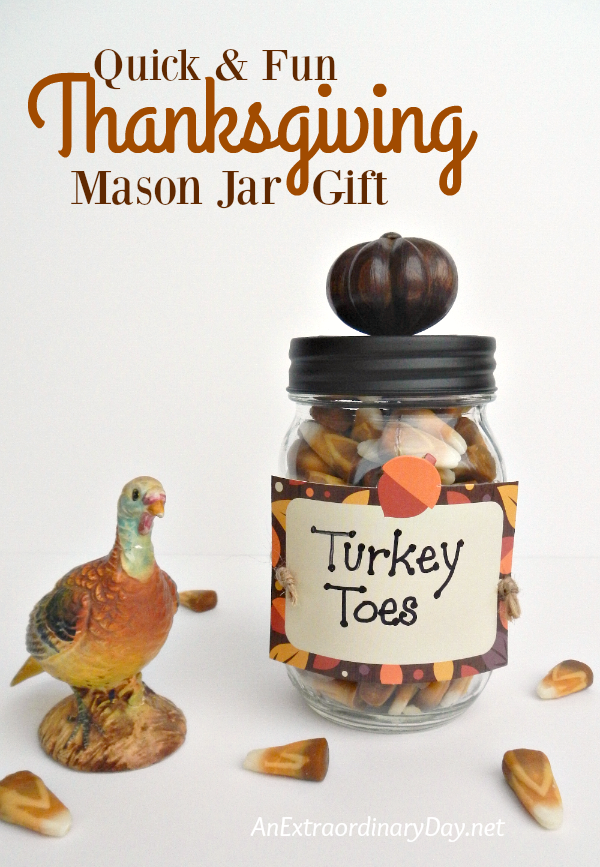 Surprise your family and friends with a super cute quick and fun mason jar gift of Turkey Toes this Thanksgiving. This jar of sweet treats is sure to be a great conversation starter and a terrific way to let those you appreciate know you are grateful for their presence in your life.