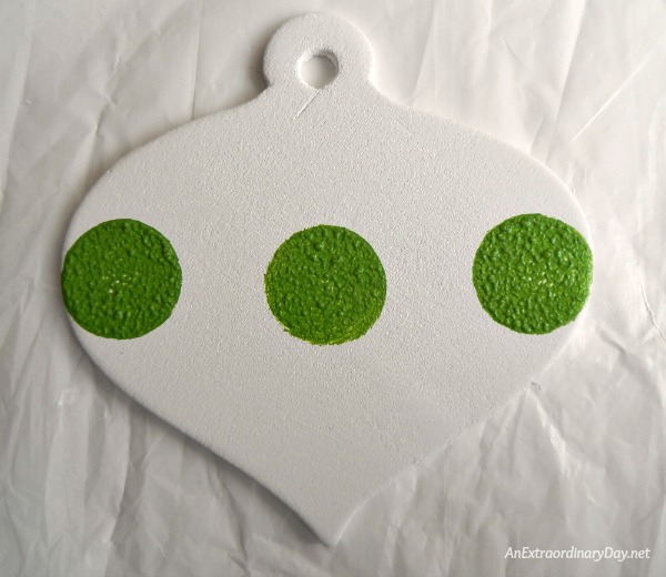 Whimsical Mason Jar Christmas Gift for Baby Girl - Adding Green Polka-dots to Ornament Tie On - AnExtraordinaryDay.net