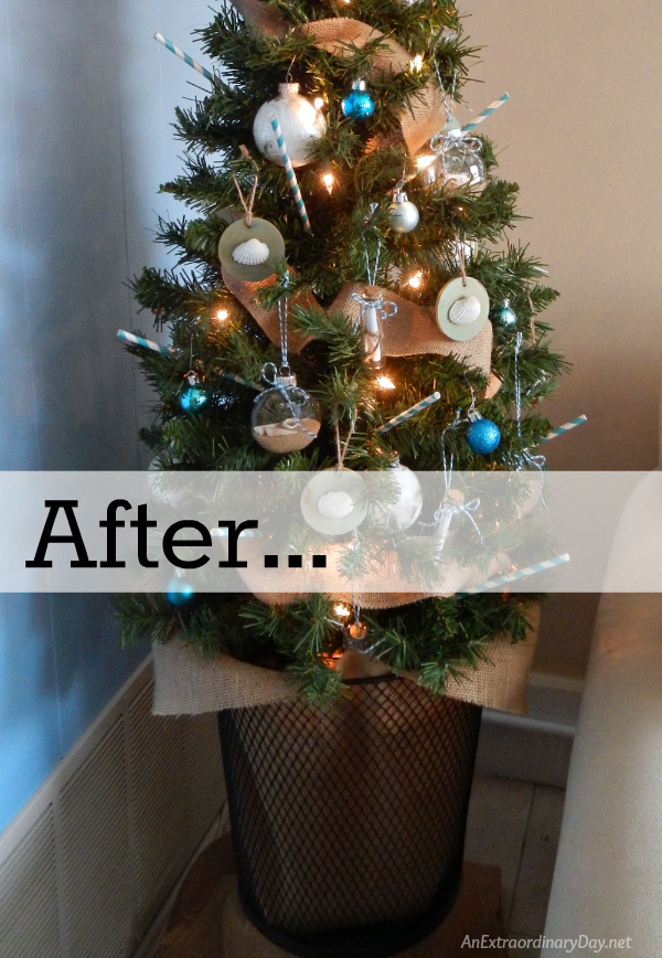 Christmas Tree Elegant with Fresh Flowers Starting with the Base using a Wastebasket and Burlap 