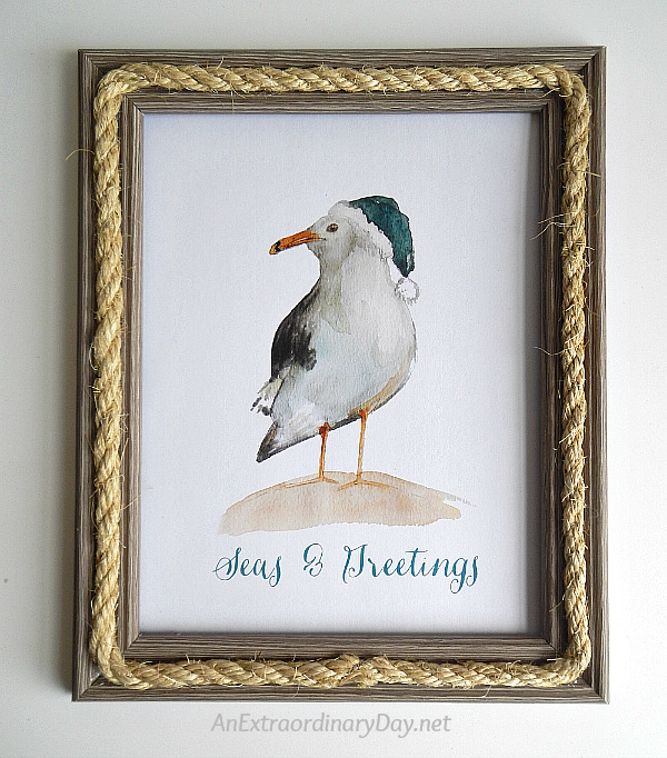 Easy to Make Coastal Christmas Decor - Inexpensive Whimsical Art - Tutorial and Tips for Decorating the Frame with Rope - Framing Tips for Seagull Print - AnExtraordinaryDay.net