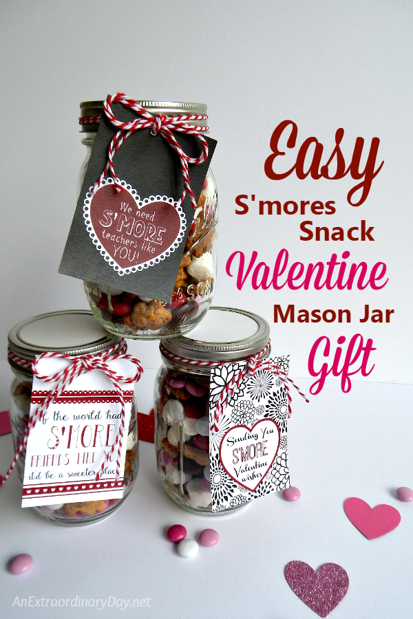 Bless your friends and family with these sweet and so easy S'mores Valentine's Day snack mixes in a Mason jar. They are quick and easy to assemble and Valentine's Day lovers and haters are going to love them. Make a bunch and make someone's day!