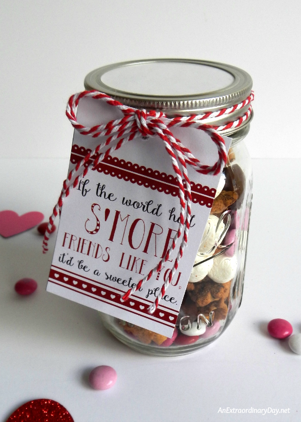 S'more Friends Like You Gift Tag for Mason Jar Valentine's Day Gift | Bless your friends and family with these sweet and so easy S'mores Valentine's Day snack mixes in a Mason jar. They are quick and easy to assemble and Valentine's Day lovers and haters are going to love them. Make a bunch and make someone's day!
