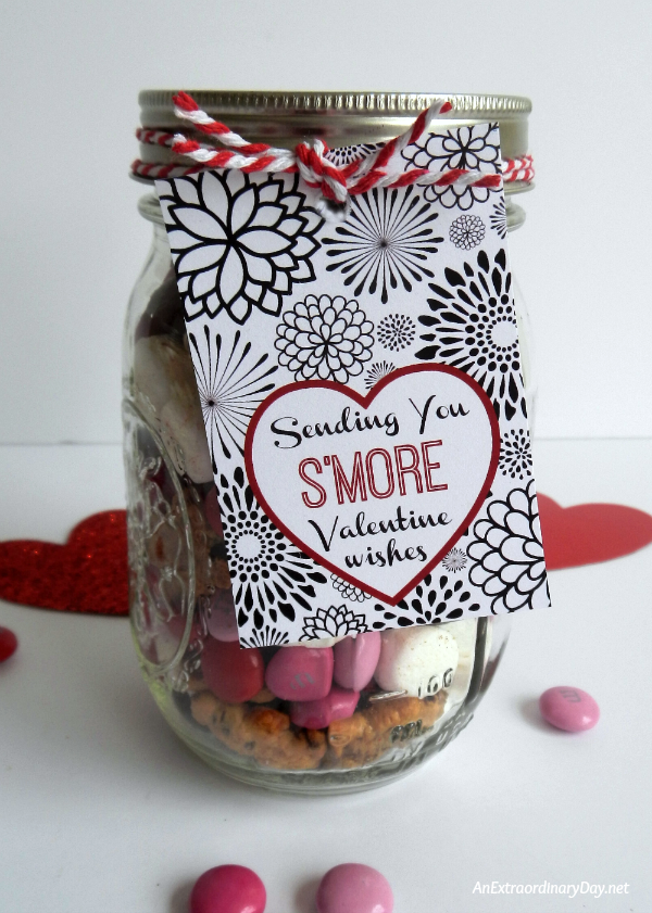 S'more Valentine Wishes Gift Tag for Mason Jar Gift | Bless your friends and family with these sweet and so easy S'mores Valentine's Day snack mixes in a Mason jar. They are quick and easy to assemble and Valentine's Day lovers and haters are going to love them. Make a bunch and make someone's day!