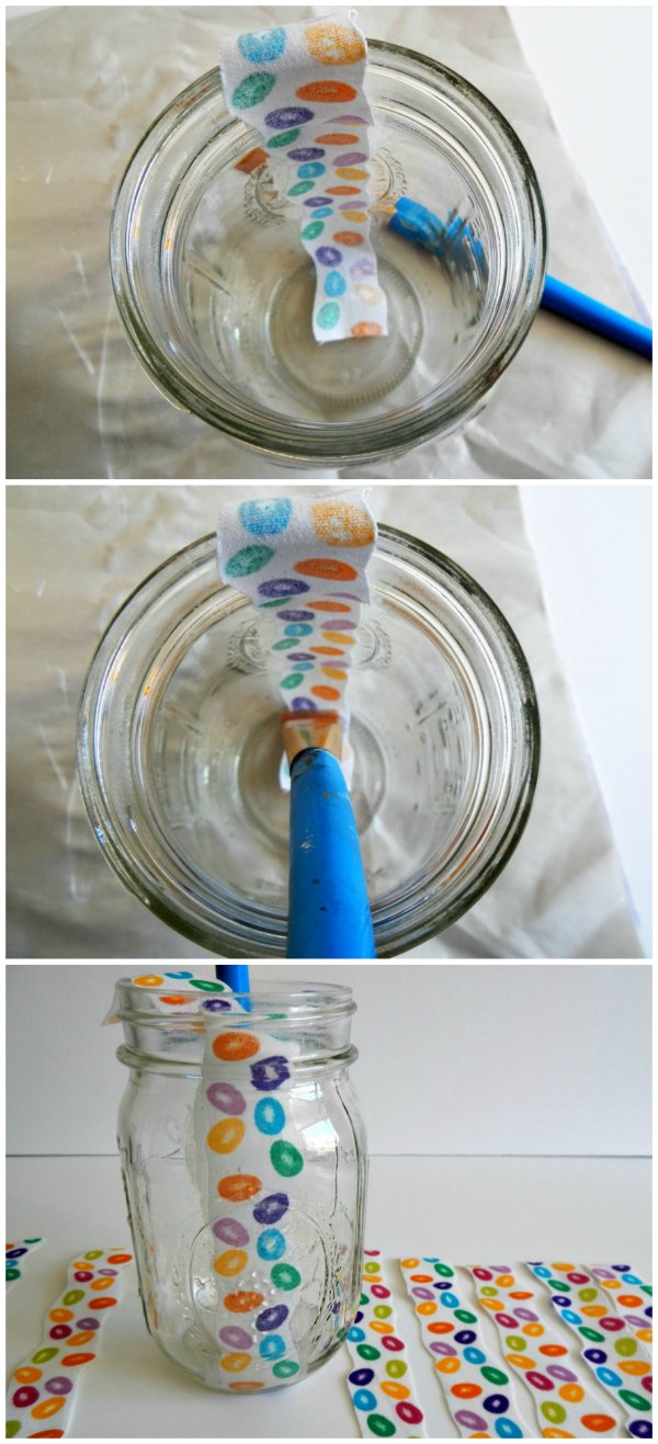 Steps for Mod Podging Fabric to Mason Jar 