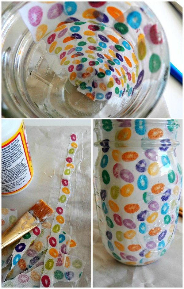 Steps to Applying Fabric to Inside of Mason Jar with Mod Podge 