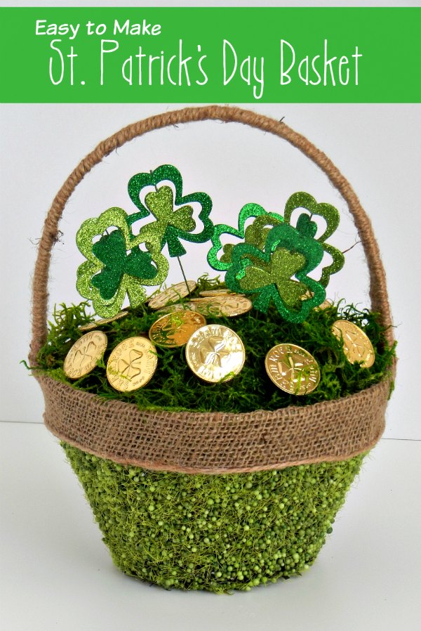 Don't get pinched! Dress your house for the holiday with this Easy to Make St. Patrick's Day Basket filled with Moss, Shamrock Picks, and Gold Coins. It's super easy and low cost, too. Plus... this basket will turn into a lovely Easter Basket very soon. Pin now to remember for later. 