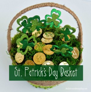 St. Patrick's Day Basket filled with Shamrock Picks and Gold Coins