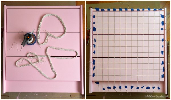 String grid for planning polka-dot design on Ikea Rast Hack 