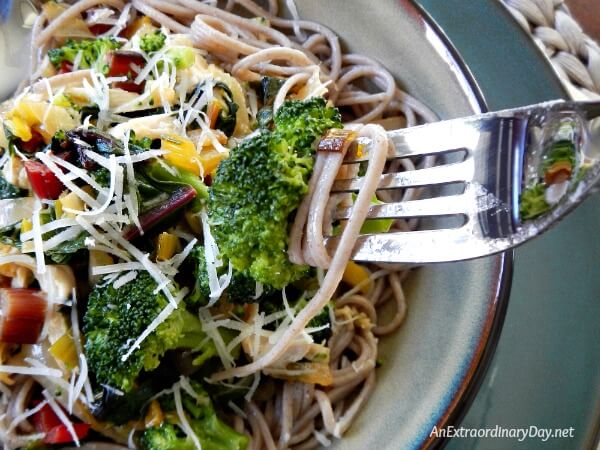 One bite and you'll make this rustic swiss chard and garlic vegetable medley over soba noodles your family favorite - AnExtraordinaryDay.net