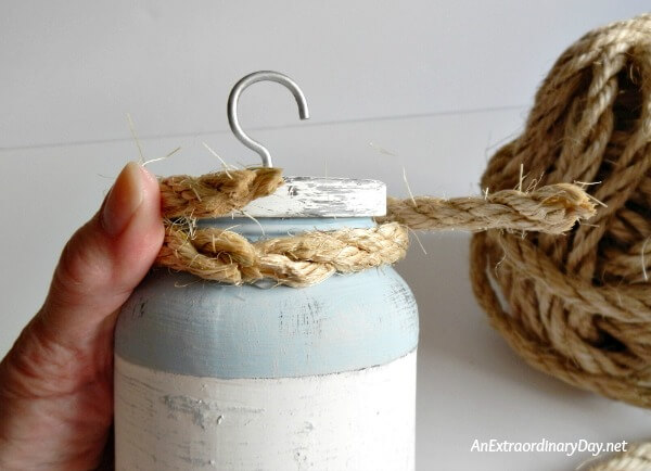 Cut and hot glue sisal rope to the neck of the mason jar buoy - AnExtraordinaryDay.net