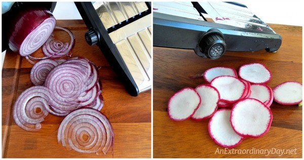 You can create a delicious summer stacked sandwich with veggies sliced on a mandoline - AnExtraordinaryDay.net