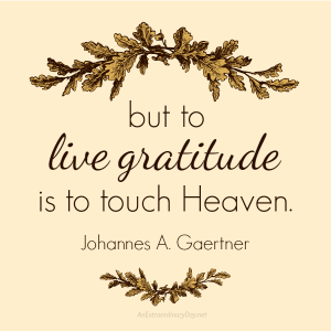 An excerpt of a Thanksgiving FREE Printable QUOTE "but to LIVE GRATITUDE is to touch heaven" at AnExtraordinaryDay.net