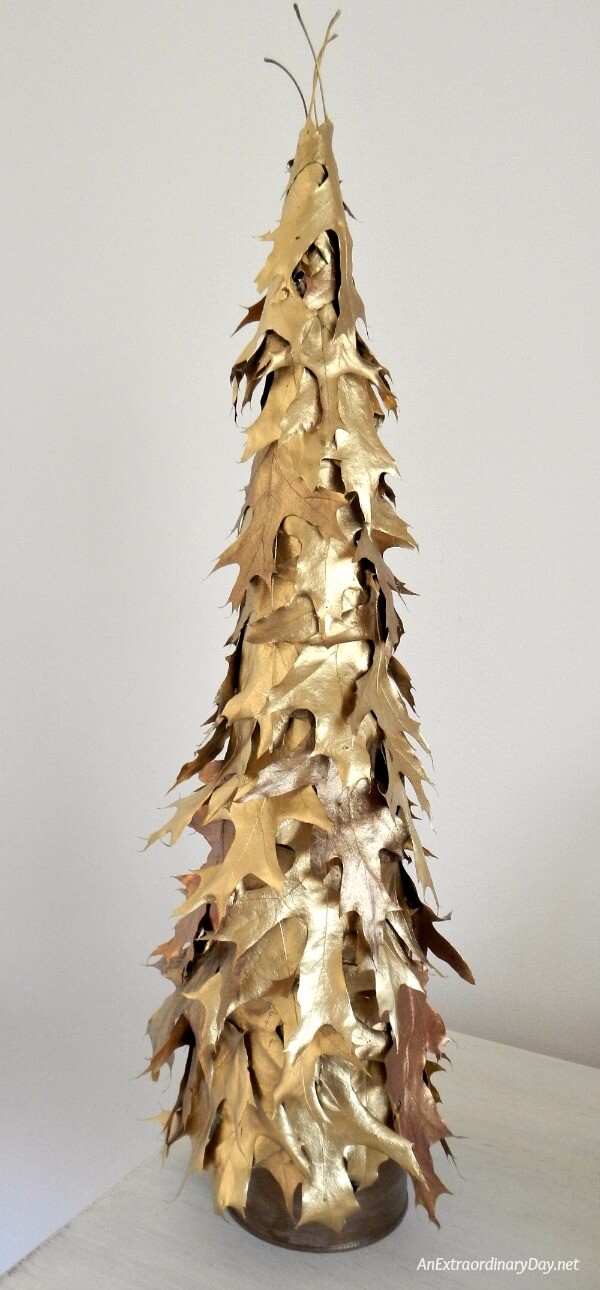 Beautiful handmade gold oak leaf Christmas tree for the tabletop and Tutorial from AnExtraordinaryDay.net