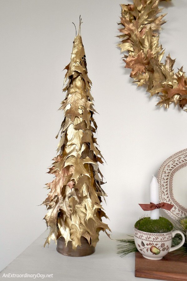 Decorate for Christmas with this Easy to Make... Stunning Gold Leaf Tabletop Christmas Tree! Pop on over for the detailed tutorial...