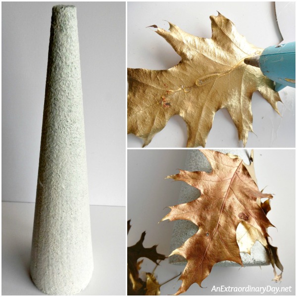First steps to creating a stunning tabletop tree made with gold oak leaves