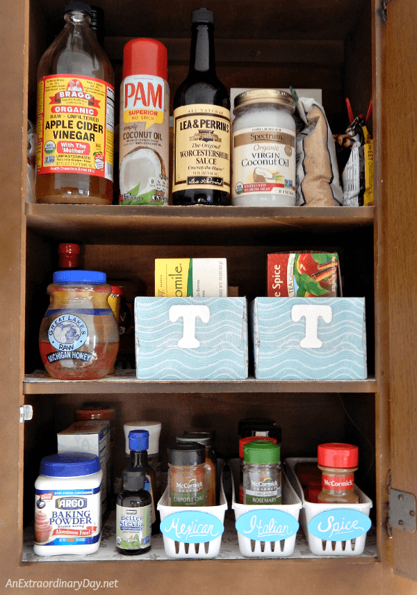 Kitchen cabinet organized with Tissue Boxes turned Tea organizers 