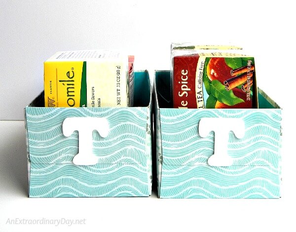 Kitchen cabinet organizer ideas - turn a tissue box into a tea box organizer 