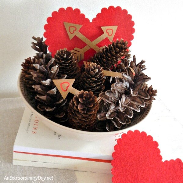 Vintage Bowl of Pine Cones with a Valentine Touch