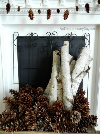 Birch Logs and Pine Cones Decorating the Mantel and Fireplace for Winter AnExtraordinaryDay.net