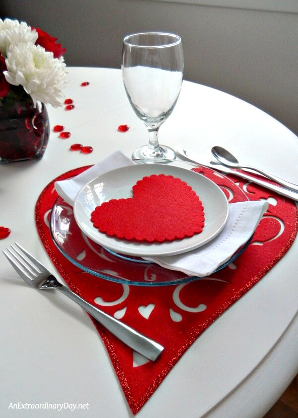 Easy red and white valentine table decorations from the dollar store and walmart make a pretty tablescape 