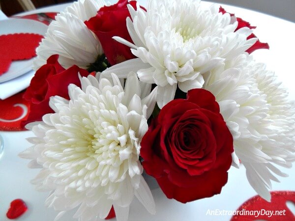 Red Roses and White Mums take center stage on this Valentine Table Decor 