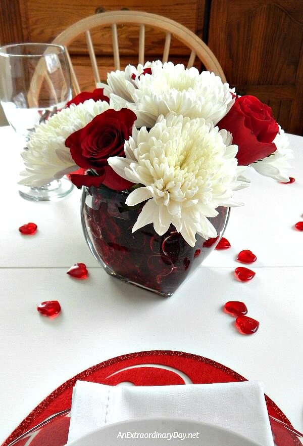 Simple Quick Easy Table Decor ~ Stunning Valentines Day Centerpiece with Red Roses and White Mums