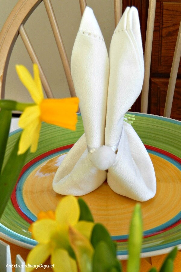 Bunny tail on the folded bunny napkin for Easter