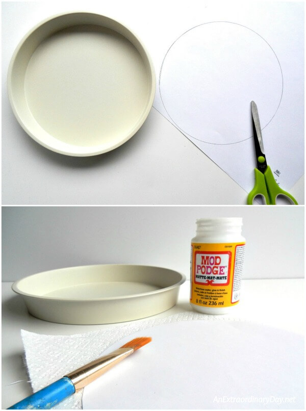 Makeover a simple cake pan with paint and scrapbook paper