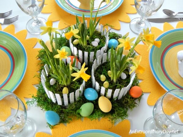 This darling Easter centerpiece was created inexpensively using recycled materials and everyday items 