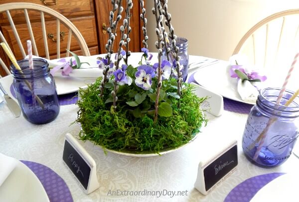 Casual Carefree Mother's Day Centerpiece and Table Setting in Purple & Whites 
