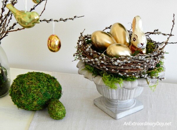 Elegant Spring Vignette with Mossy Eggs