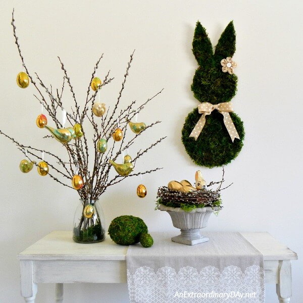 Elegant yet whimsical Spring and Easter Vignette