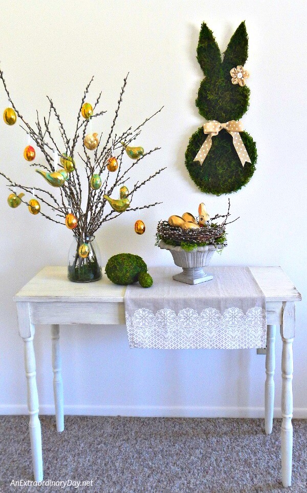 Spring vignette with a nature theme Mossy Eggs Tutorial Pussy Willows & Handmade Nest 