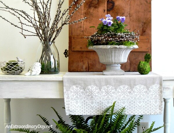 Lovely Rustic Spring Vignette - Pretty Pansies are the Stars of this Sweet Vignette