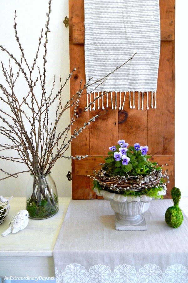 Pretty Pansy Vignette Spring Home Decor Decorating with Nature Pussywillow Nest of Pansies Rustic Elegant Vignette 