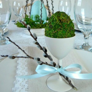 Create a Simple Yet Elegant Egg Cups filled with DIY Moss Eggs Easter Tablescape